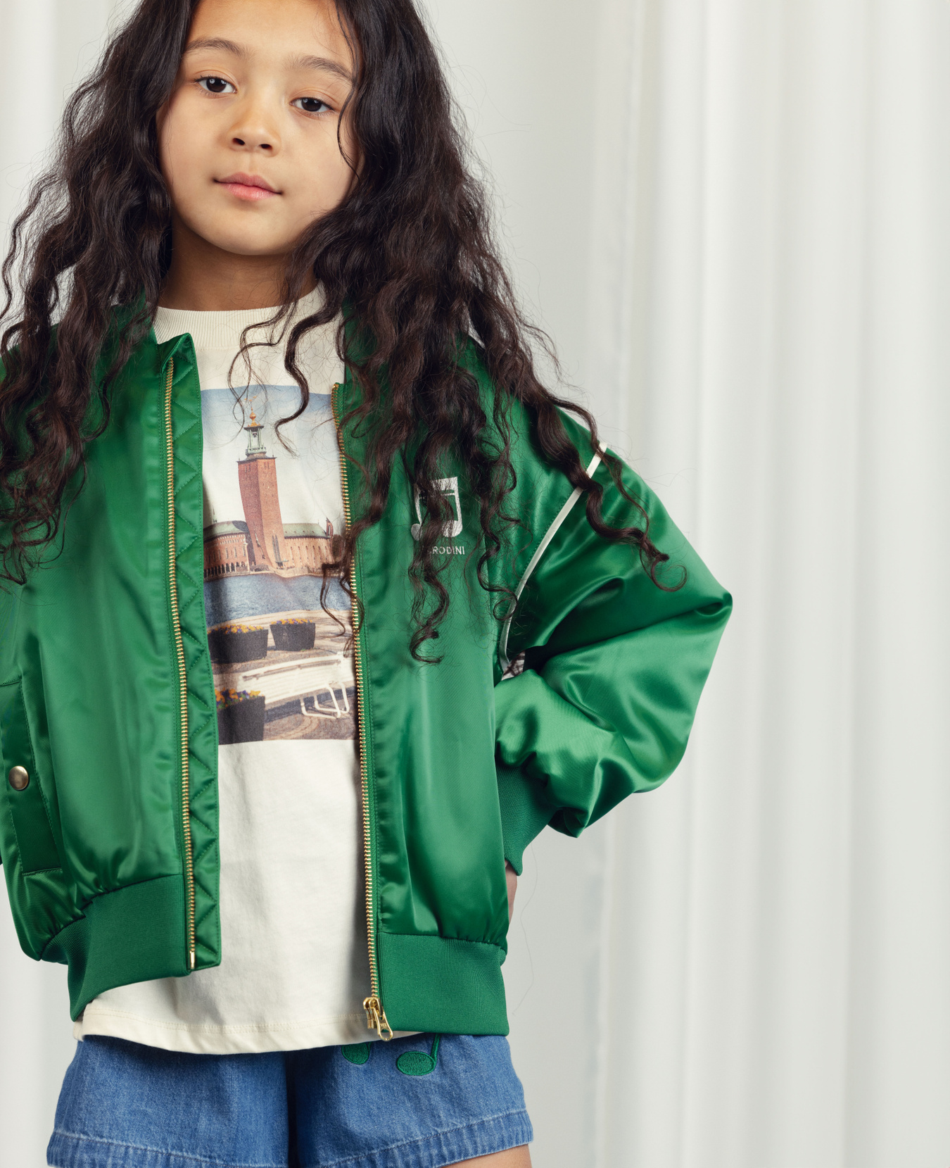 Note Satin Baseball jacket Green | Mini Rodini Note Satin Baseball jacket Green | Mini Rodini