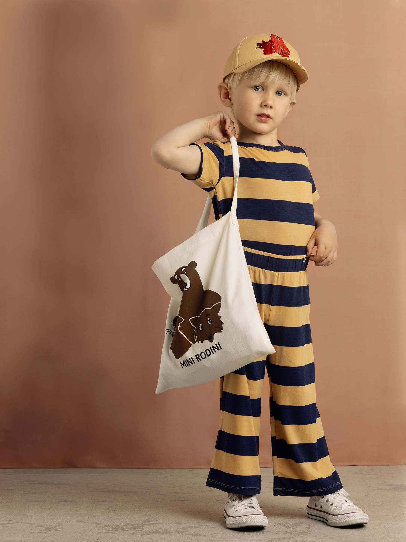 Beige Block stripe trousers | Mini Rodini