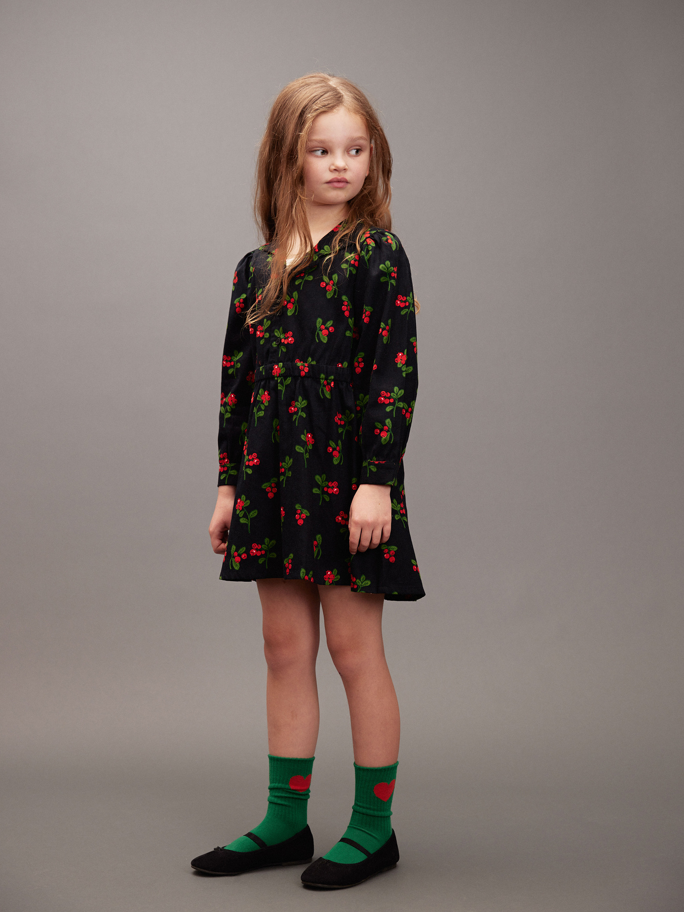 Lingonberries woven long sleeve dress Black | Mini Rodini