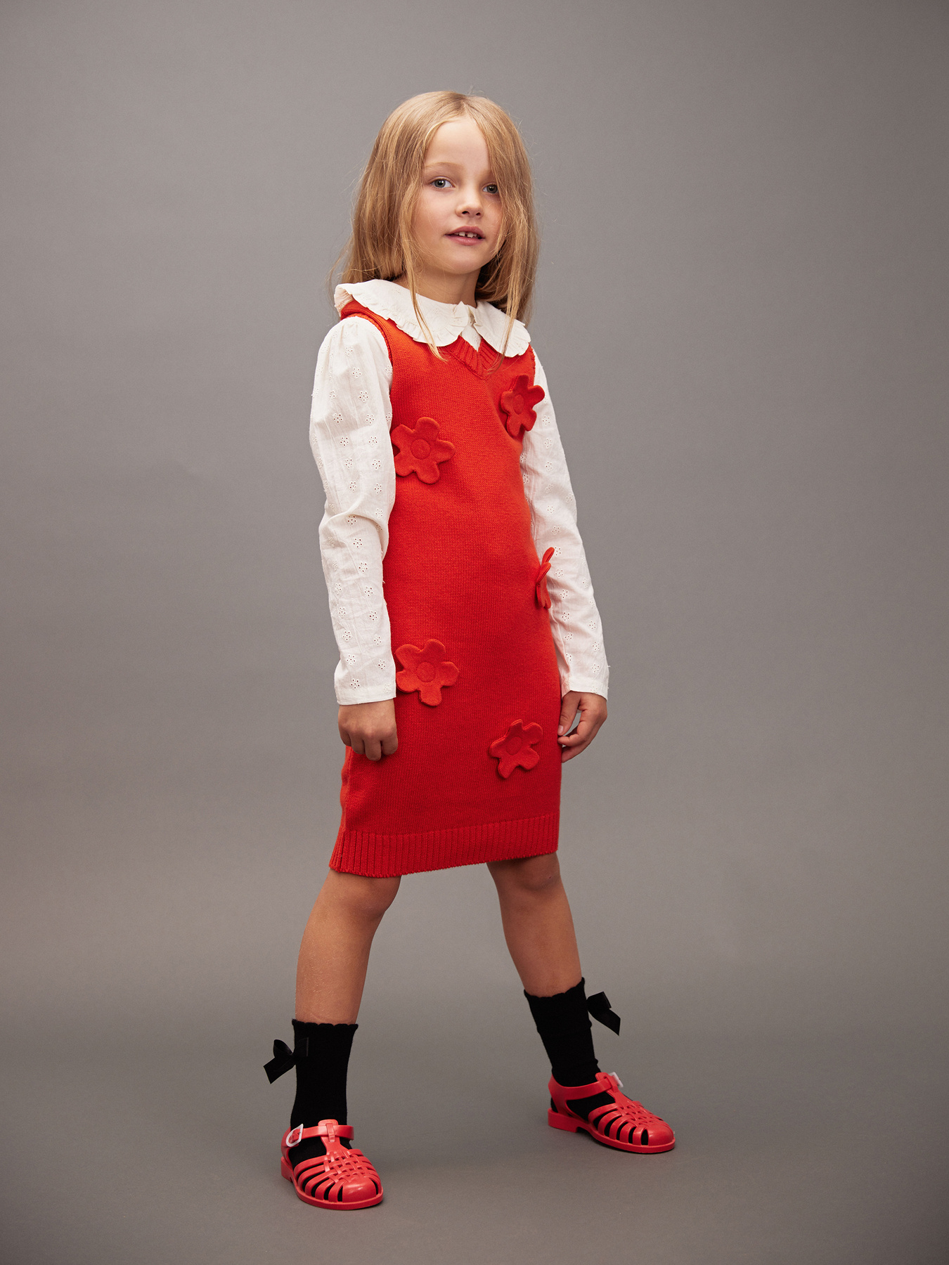 Knitted flower vest dress Red | Mini Rodini
