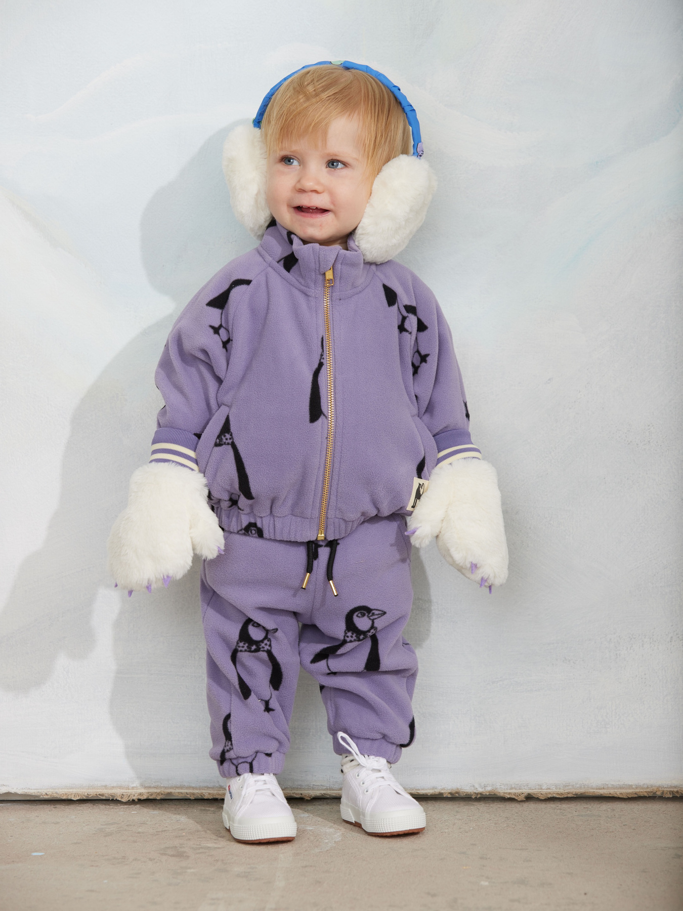 mini rodini アウターロンパース Penguin fleece jacket Purple | Mini Rodini