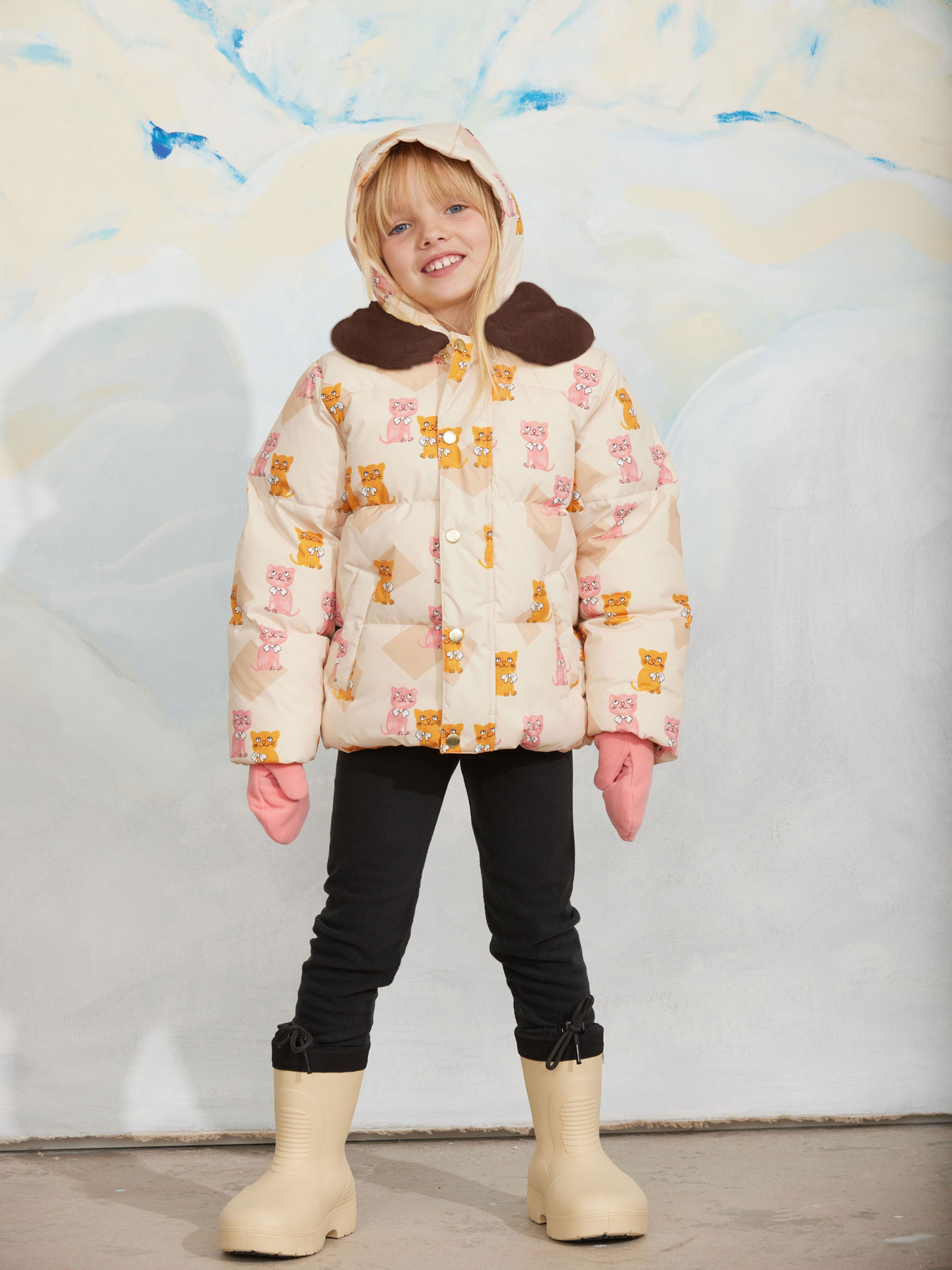 Kittens faux fur collar puffer jacket Multi | Mini Rodini